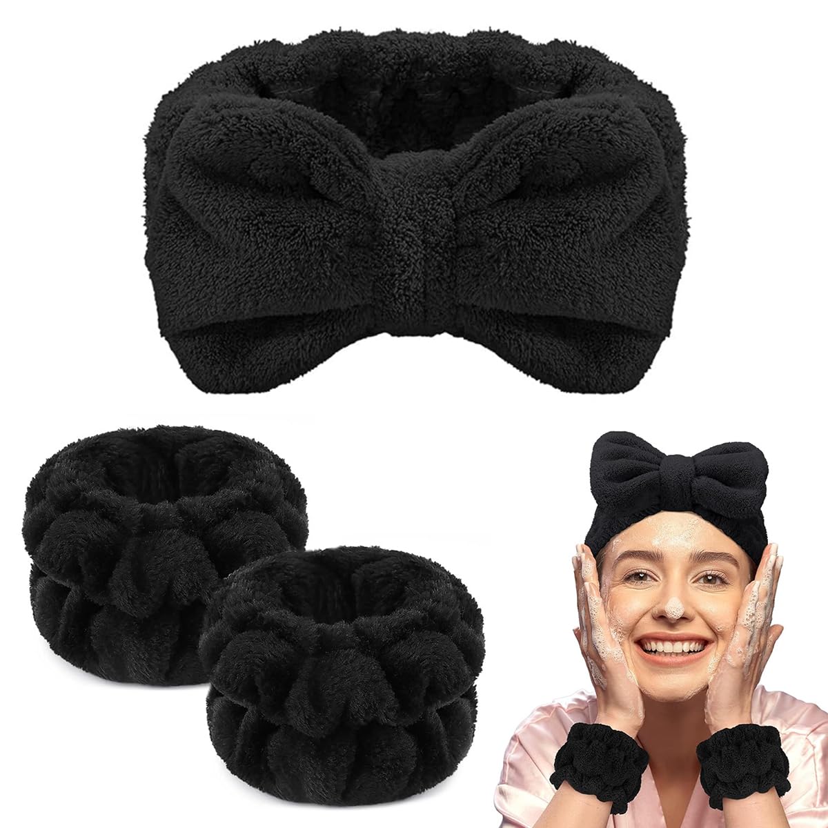 MAYCREATE Facial Headband for Women Skincare Spa Headband & Wrist Bands 3pcs Combo, Large Bow Face Wash Band Hairband, Flannel Hair Band for Makeup Sweat Wristband for Yoga, Fitness - Black MAYCREATE Facial Headband for Women Skincare Spa Headband & Wrist Bands 3pcs Combo, Large Bow Face Wash Band Hairband, Flannel Hair Band for Makeup Sweat Wristband for Yoga, Fitness - Black